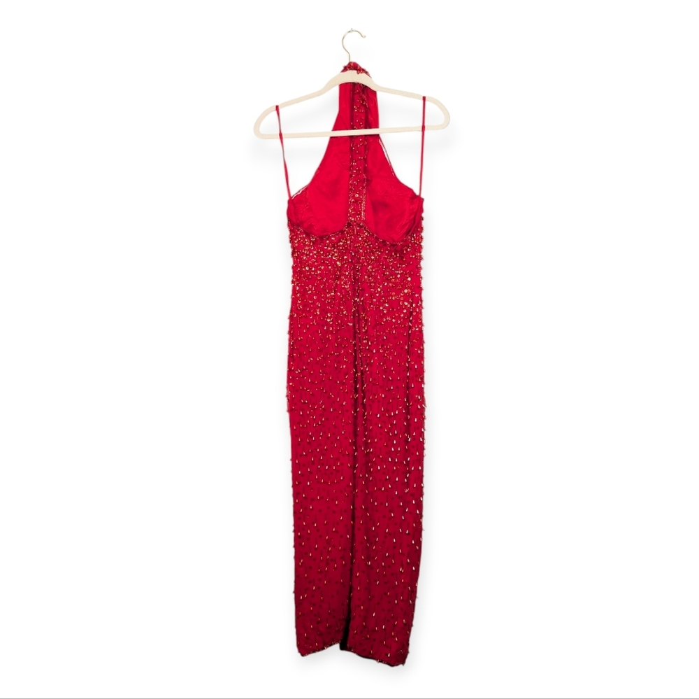 Vintage Alyce Designs Red Beaded Halter Slit Formal Gown Size 10 - Picture 2 of 8